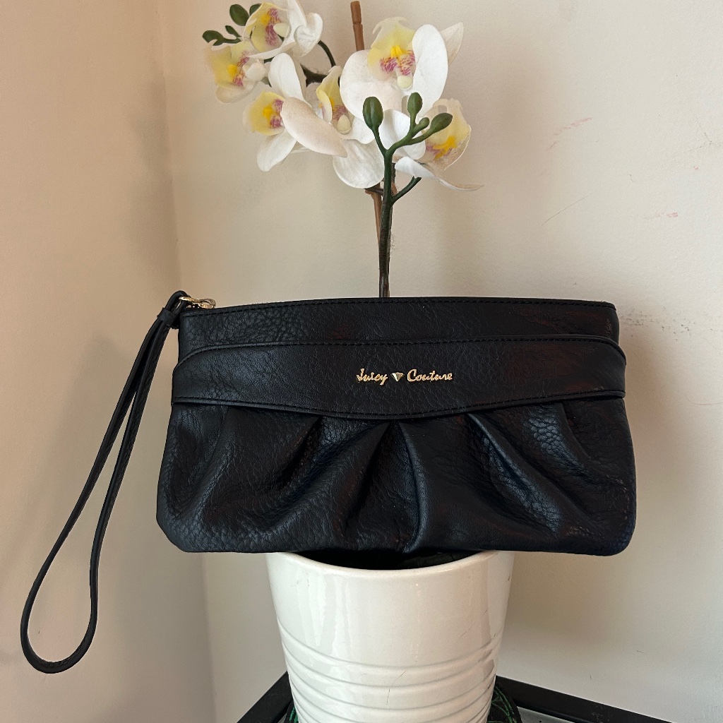 Juicy Couture Black Leather Wristlet With Gold Hardware